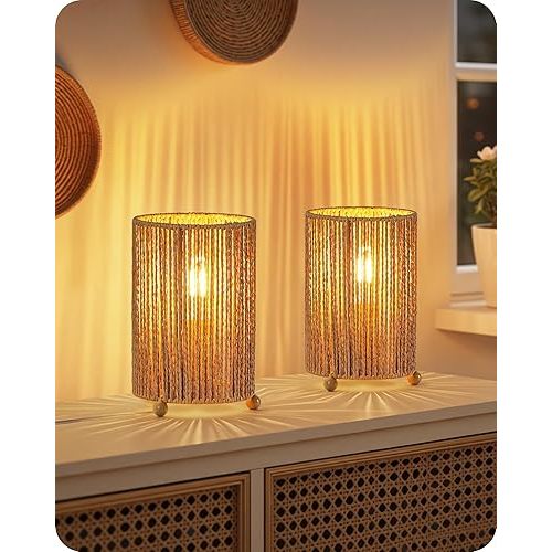 Small Rattan Table Lamps Set of 2, Boho Bedside Lamps Set of 2, Handwoven Paper Lampshade, 4W 2400K LED Bulb Included, Boho Desk Lamp, Nightstand Lamp for Bedroom, Living Room, S11TLP205