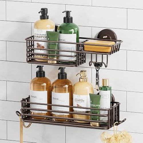 TAILI Shower Caddy Suction Cup 2 Pack with Hooks & Soap Holder, Brown