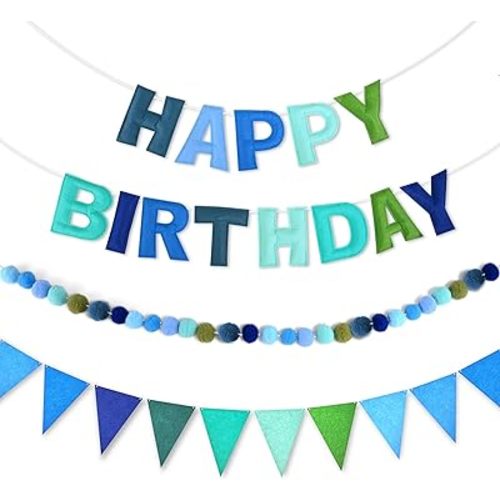 CANREVEL Pre-Strung 3D Happy Birthday Banner, 3 PCS Blue Felt Garland, Pom Pom Garland, Triangle Fabric Bunting, Reusable Blue Birthday Decorations for Boys Men