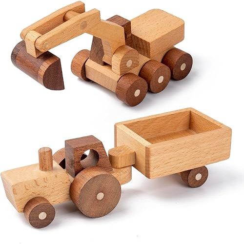 kienvy Wooden Toy Cars for 3 Year Old Boys & Girls - Construction Vehicles Set Push Toys for Toddlers, Wood Montessori Car with Rolling Wheels, Natural Wood Toys (Excavator & Tractor)