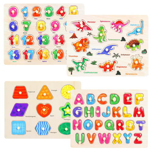 Melofaver Wooden Peg Puzzles for Toddlers 3-5 Years Educational Toys Alphabet Shapes Numbers Dinosaur