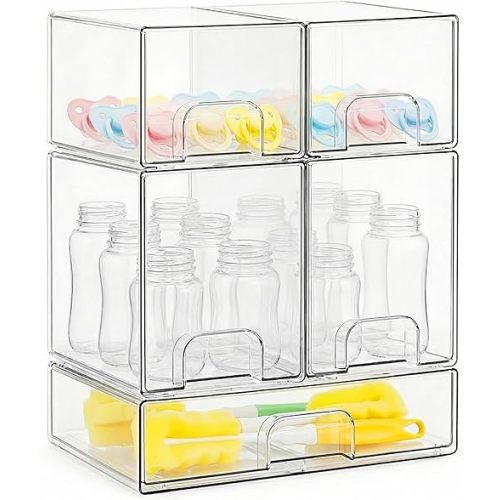 Bottle Storage Organizer Baby, Clear Stackable Storage Drawers Set for Baby Bottle, Beauty Supplies Storage, Ideal for Countertop, Vanity, Bathroom, Cabinet, Pantry Organization, 15.4" H, 5 Pack