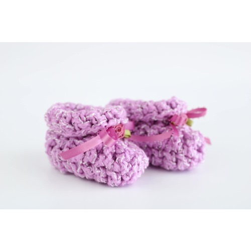 Baby Cloud Booties - Purple, Size 0-6 Months, Hand Crocheted Booties with Satin Ribbon & Satin Rose, Adorable Baby Shower Gift, CQB-Purple