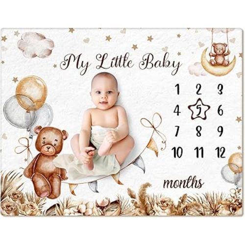 Mindsoft Boho Sleeping Bear Monthly Baby Milestone Blanket Brown Bear Balloon Flannel Boy Newborn Infant Swaddle Growth Chart Baby Blanket with Frame for Boys Girls Nursery