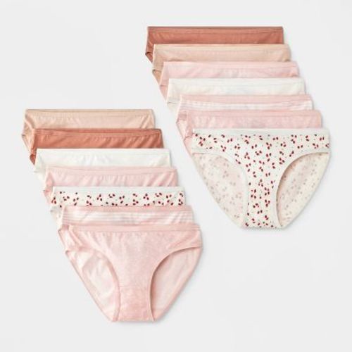 Girls' 14pk Strawberry Bikini Underwear - Cat & Jack™ Pink/Tan/Ivory 10