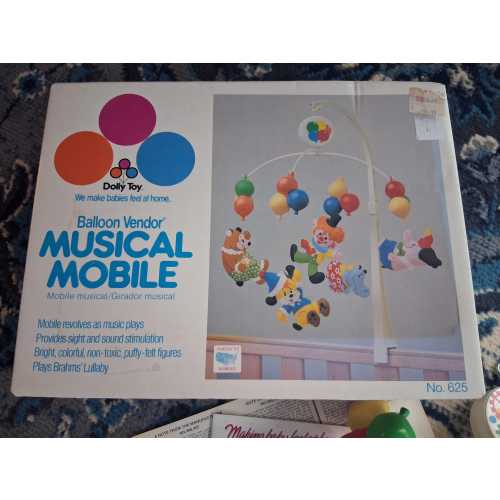 Vintage Dolly Toy Musical Mobile: 80s Clown Circus Balloons Crib Decor