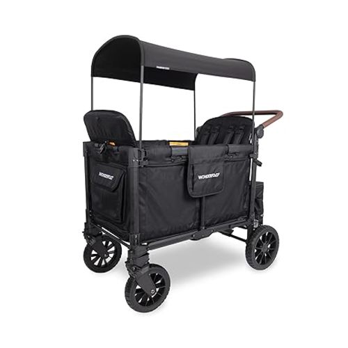 WonderFold W4 Luxe Pro Stroller Wagon - Collapsible Stroller Wagon with Aluminum Frame - Adjustable Canopy & Push Handle - XL All-Terrain Wheels - For Babies, Toddlers & Kids - 4 Seater - Black