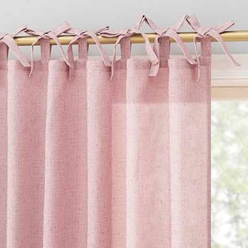Sun Zero Generation Roxy Dorm Curtain Slub Texture Tacked Bow Semi-Sheer Tie Top Curtain Panel, 50" x 84", Pink