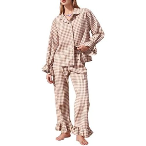 Flygo Womens Gingham Pajamas Sets Cotton Plaid Pjs Ruffled Sleeve Button Down Shirt Pants Y2k 2 Piece Lounge Set