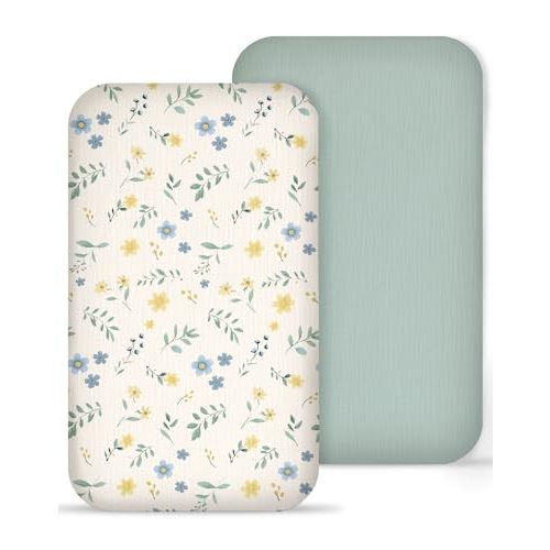 Muslin Bedside Bassinet Sheets 2 Pack, 33" X 20", (Spring Garden & Sage) | For Baby Boys and Girls; Fits Rectangle Bedside Mattresses; Machine Washable.