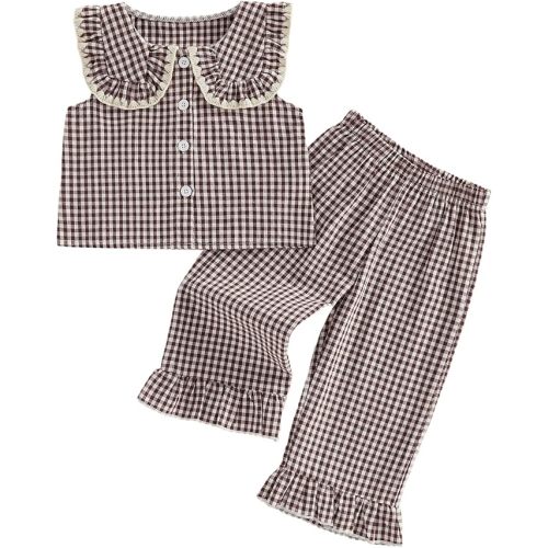 Thorn Tree Girls Summer Outfits Ruffle Sleeve Button Up Dress Tops Plaid Linen Pants Spring Toddler Girl Clothes