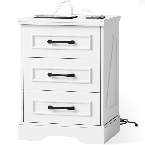 Lark Manor™ Valera Farmhouse 3-Drawer Nightstand With Charging Station And Bar Handles & Reviews | Wayfair