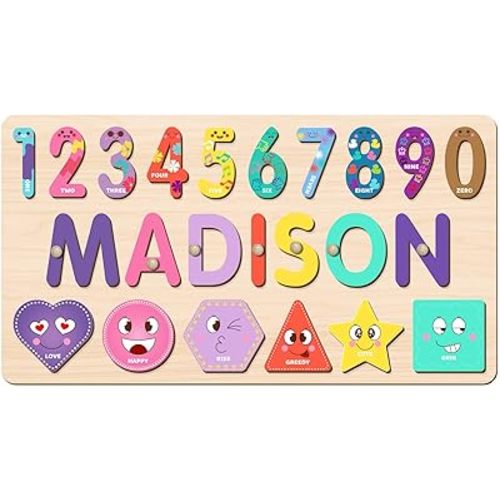 Personalized Name Puzzle for Kids, Customized Baby Gifts, Wooden Shapes Puzzles for Toddlers Boy and Girl, 1 Year Old Girl Gifts, Baby Shower