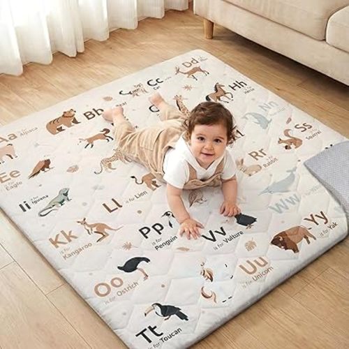 Baby Play Mat for Floor 50×50in, Quilted 1.6in Extra Thick Crawling Mat for Toddlers, Non-Slip Kids Play Mats for Playpen with Washable Removable Cover, Animal