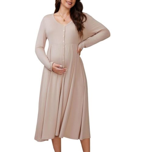 INSPIRE CHIC Women's Maternity Dresses Button Pleated Long Sleeve Photoshoot Baby Shower Pregnancy Maxi Dress