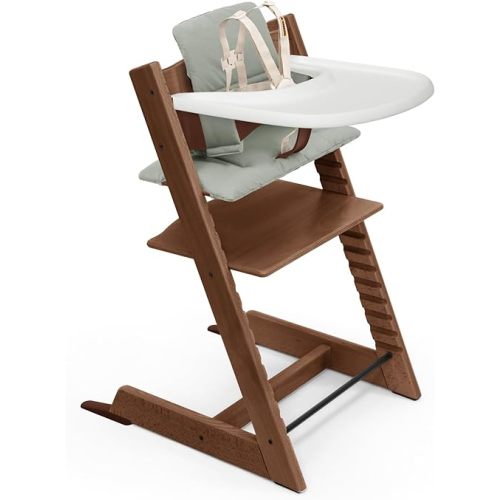 Stokke Tripp Trapp High Chair 2 (Warm Brown), Cushion 2 (Glacier Green) + Stokke Tray (White) - Includes Chair + Baby Set with Removable Harness for Children 6-36 Months