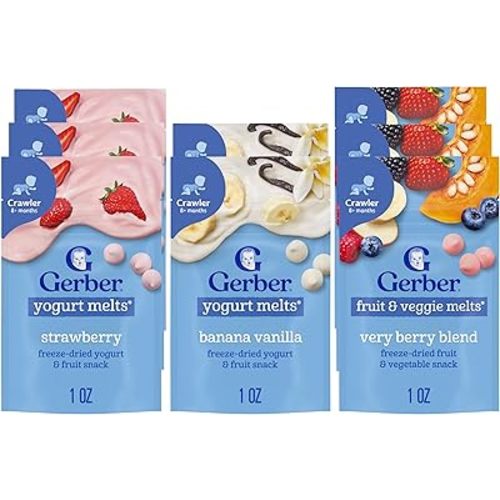 Gerber Stage 3 Baby Food Snacks, Strawberry, Banana Vanilla Yogurt Melts, Very Berry Fruit and Veggie Melts, Baby Led Feeding, 8-Pack