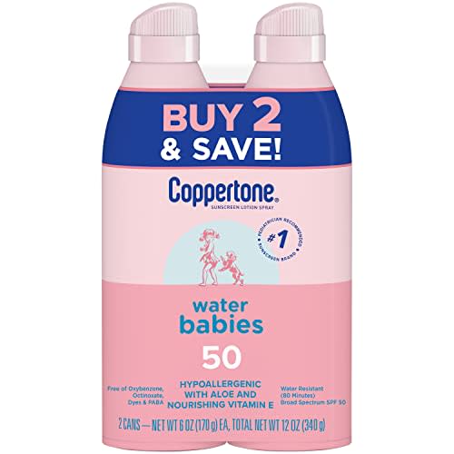 Coppertone WaterBabies Sunscreen Spray SPF 50, Spray On Sunscreen for Babies, Water Resistant, Pediatrician Recommended, 6 Oz, Pack of 2