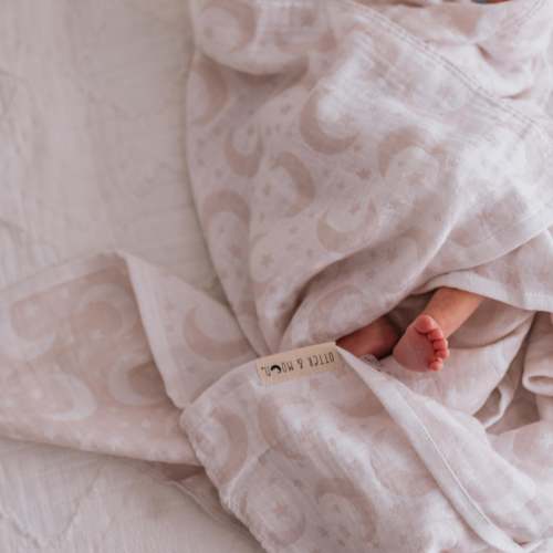 Soft Spun Cotton Jacquard Muslin Swaddle 47 x 47 in Mushroom/Coconut Milk Moon & Stars