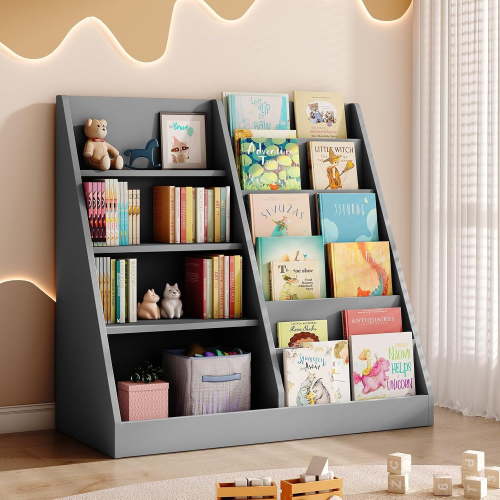 6 Tier Kids Wooden Bookshelf and Toy Storage, Gray, Children Toy Organizer with Book Shelves, Toddler Book Rack Baby Bookcase for Nursery, Playroom and Classroom