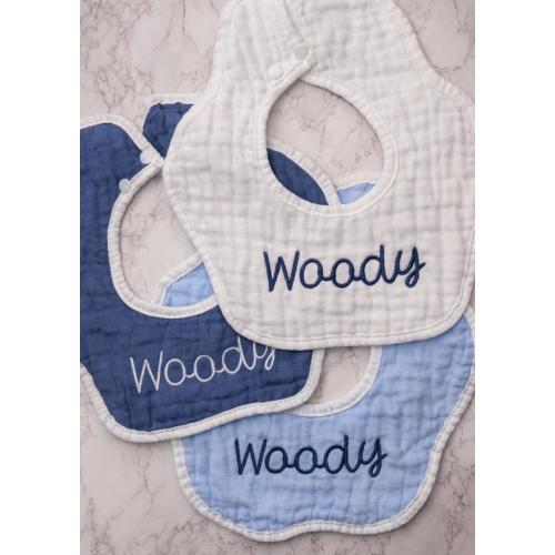 Personalized Drool Bib Baby Boy Blue Bandana Snap Closure Custom Name Embroidered Muslin Cotton Fabric Lightweight Breathable Infant Feeding