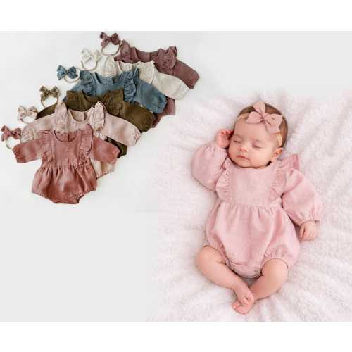 Baby Girl Linen Bubble Romper Long sleeve ruffle front|  | Gabriella with bow