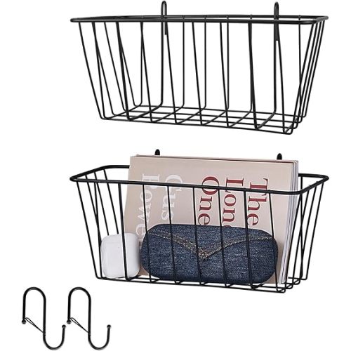 2 Pack Large Grid Wall Baskets with S-Hook - Gridwall Accessories Set Black Metal Hanging Shelf Basket Bins Organizer - Modular Storage Holders for Photo Display Panel Shelving Caddy for Garage