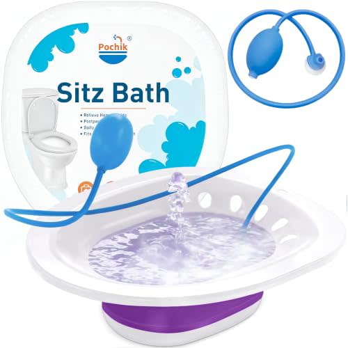 Pochik Sitz Bath for Toilet Seat Hemorrhoids and Postpartum Care, Yoni Steam Seat, Perineal Soaking, Collapsible, Flusher Hose, Drain Holes, Wider Seating Area - Purple