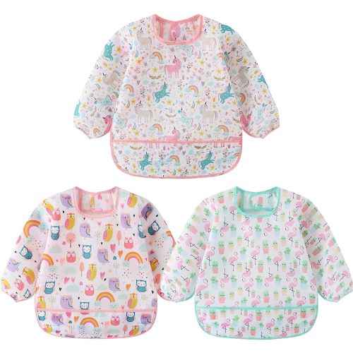 Haimoburg 3 Pcs Waterproof Long Sleeves Baby Bibs Weaning Smock Bib 3-24 Months