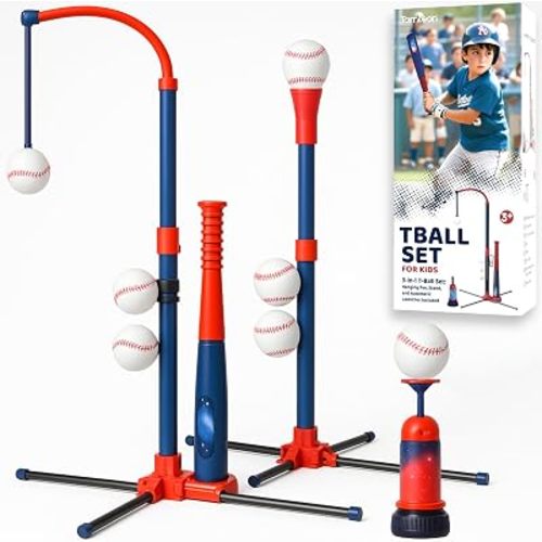 3-in-1 Baseball Set for Kids and Toddlers Ages 3-5 – Includes Tee Ball Stand, Hanging Tee, Automatic Ball Launcher, and 6 Softballs – Adjustable Height for Indoor/Outdoor Play – Sports Gift for Boys