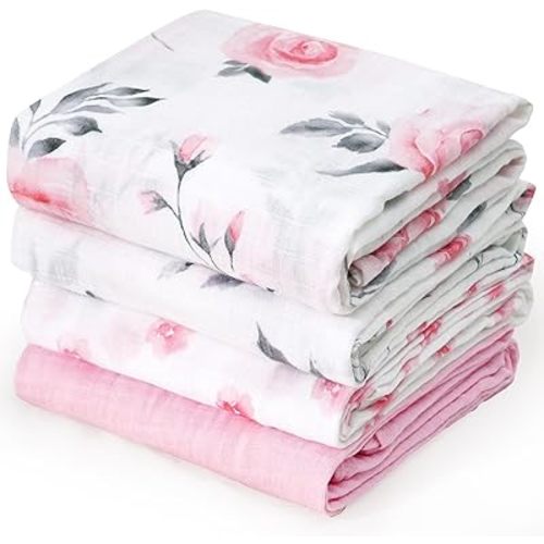 david's kids 4 Pack Baby Muslin Swaddle Blankets, 100% Cotton and Ultra Soft Breathable Receiving Blanket Wrap for Boys Girls, New Born Essentials, Large 47 x 47 inches, Pink Floral