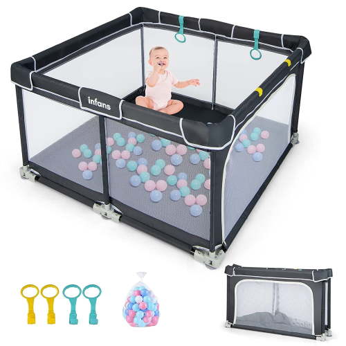 OLAKIDS Baby Playpen, 50x50 Foldable Large Baby Playard for Toddlers with Gate, Soft Visible Mesh, Indoor Outdoor Kids Activity Center Baby Fence with 4 Handlers 50 Ocean Balls (Black)