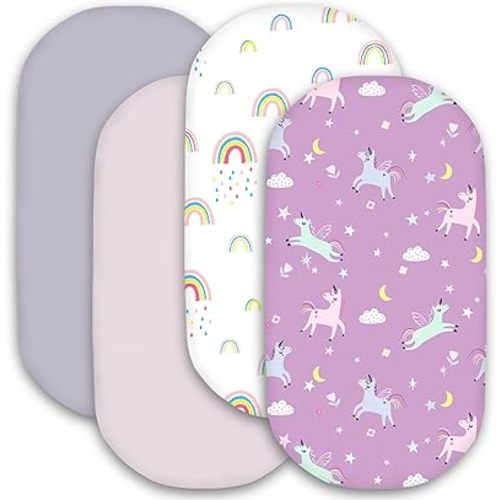 Little Grape Land Bassinet Sheets for Baby Boys Girls 4 Pack, 33" x 18" Extra Soft Breathable Fitted Bassinet Sheets, Bedside Sheets Fit for Oval Rectangle and Hourglass Bassinet Mattress (Rainbow)