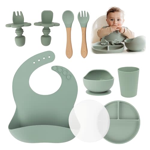 Yunioo Extra Heavy Silicone Baby Feeding Set Essentials, Premium 9-Piece Set of Baby Led Weaning Supplies with Silicone Baby Plate with Lid, Superior Suction Bowl and Baby Utensils - Green