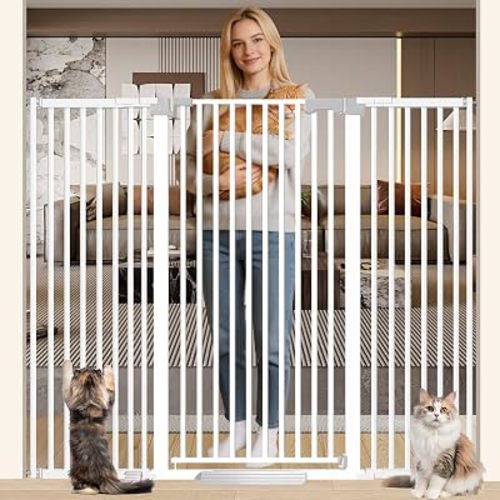 51" Extra Tall Cat Gate for Doorway/Hallway, 30-62.5” Wide,Pressure Mounted Pet & Dog Gates Walk Through, Cat Fence Indoor No Drilling,Auto Close,White