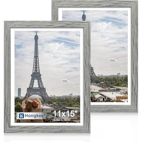 11x15 Picture Frame Set of 2, Made of Real Glass and Grey Wooden Frame - Display Pictures 10x14 with Mat or 11x15 Without Mat, 11 by 15 Photo for Wall or Tabletop