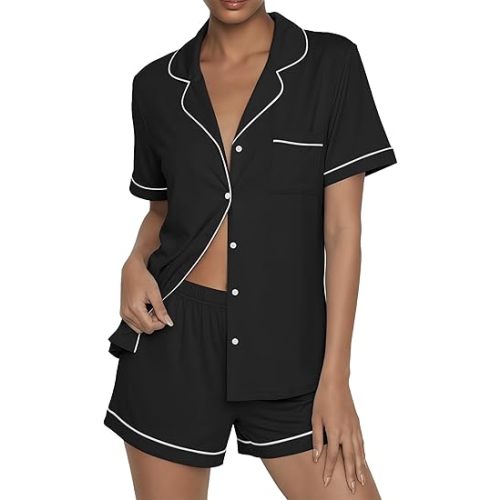 Ekouaer Womens Pajama Sets Button Up Pjs 2 Piece Short Sleeve Sleepwear | soft fabric, for wedding date night bridal party, for maternity, elastic waist