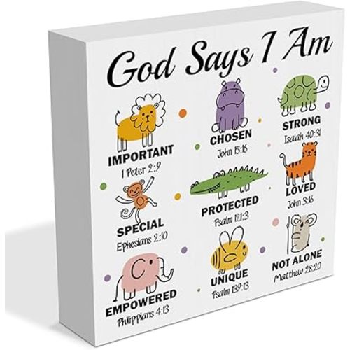 Christian Safari Nursery Decor Wooden Box Sign Jungle Animals Bible Verse Nursery God Says I Am Wood Block Plaque Sign for Kids Boys Girls Room Bedroom Table Shelf Decorations