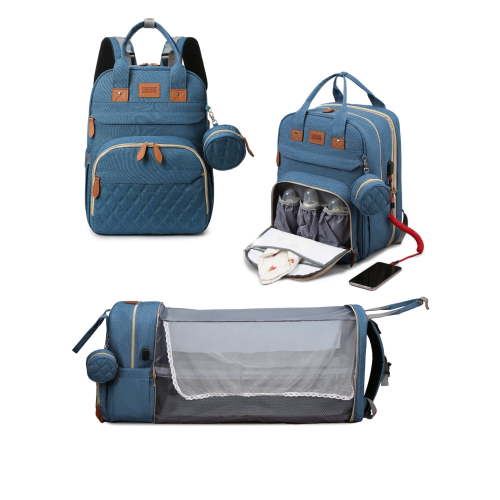 900D Convertible Diaper Bag Backpack with Bassinet Changing Station, Multi-Function Baby Travel Bag with USB Port, Insulated Pockets & Mosquito Net