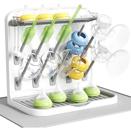 Lifewit Baby Bottle Drying Rack with Drain Mat & 10 Hooks, Newborn Essentials Must Haves, Bottle Storage Organizer for Countertop, Cabinet, Rack Dryer Holder for Pacifiers, Pump Parts, Baby Stuff