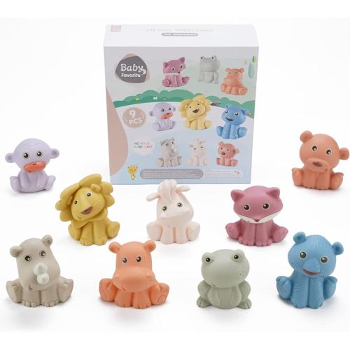 Baby Bath Toys, 9 Pack | Sealed, No Hole & Mold Free Bath Toys for Babies 6-12 Months | Soft, Squeezable & Float on Water | Safe, Easy-Grip Toddler Bath Toy Set | Baby Water Pool Toys-Wild Animal