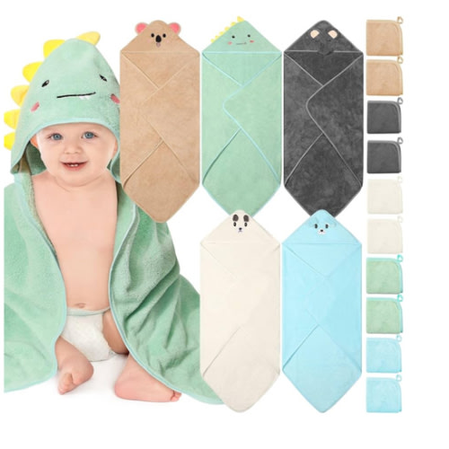 15 PCS Hooded Baby Towels, Soft Baby Towel, Absorbent Baby Bath Towel, 5 Styles Baby Towels and 10 PCS Baby Washcloths for Newborns, Toddlers, and Kids, 32x32 in Baby Towel with Hood for Boy and Girl