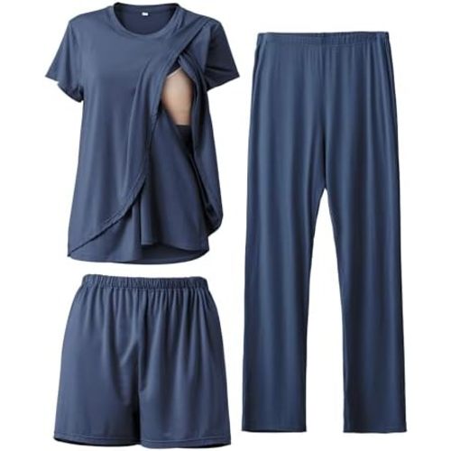 Rnxrbb 3 Piece Postpartum Nursing Pajamas Set Maternity Breastfeeding Pjs