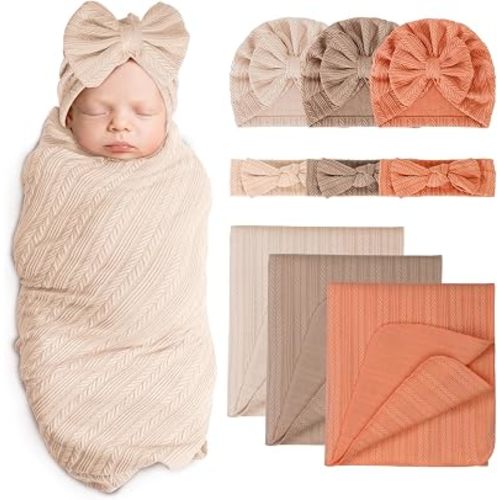 AQOKKA Baby Swaddle Blankets Wheat Ear Bow Hats Hairband Set
