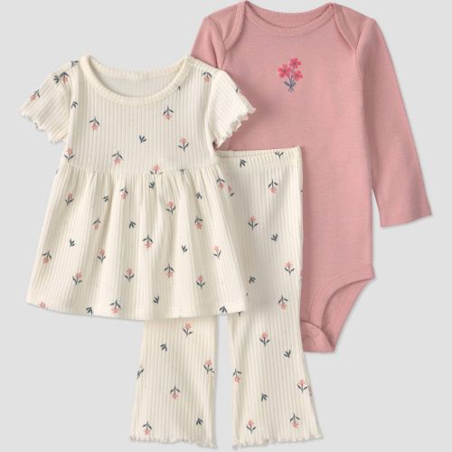 Carter's Just One You® Baby Girls' 3pc Floral Peplum T-Shirt with Long Sleeve Bodysuit and Flare Pants Set - Ivory 3M