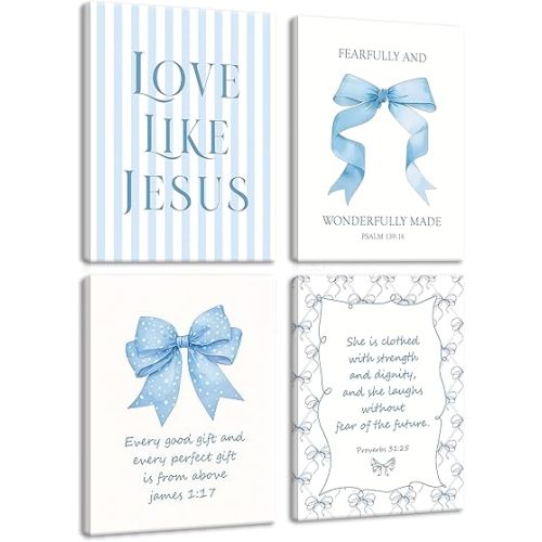 Light Blue Bow Christian Wall Art for Girls Dorm – Coquette Aesthetic Scripture Canvas Prints, Christian Wall Decor for Teen Room, or Bathroom – Framed Cute Spiritual Decor 12x16 inch