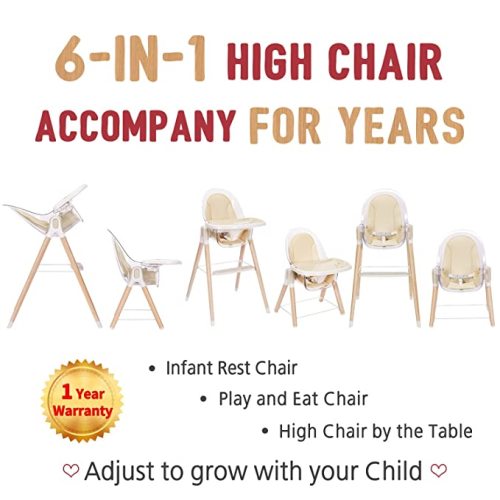 Baby High Chair, 6-in-1 Convertible Wooden High Chair, Recline Chair with Adjustable Hardwood Leg, High Chairs for Babies and Toddlers, Double Dishwasher Safe Tray & Premium Leatherette