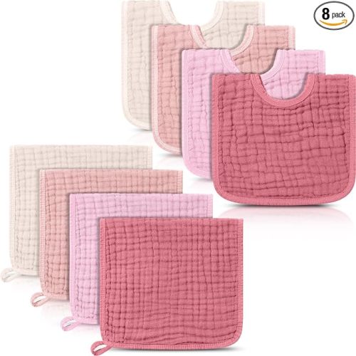 8 Pack Muslin Burp Cloths and Baby Bibs for Boy Girl 20" x 10" Cotton Baby Bandana Drool Bibs Muslin Burp Cloths Absorbent Rag for Newborn Toddler Infant Gifts(Dark Rose Color)