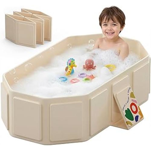 Collapsible Baby Bathtub for Newborn to Toddler, Foldable Toddler Bathtub with Drain Plug, Non-Slip Portable Infant Bath Tub for Travel, Storage & Outdoor Use, Beige