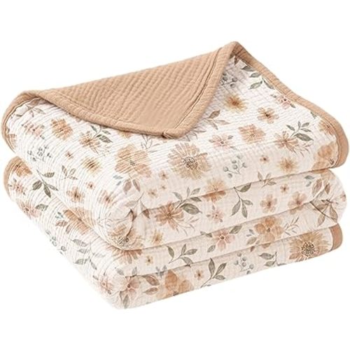 Konssy Muslin Baby Blankets for Girls Boys 47"x47", 100% Cotton Crib Blanket for Infant Toddler, Super Soft and Lightweight Nursery Swaddling Wrap (Flourish)